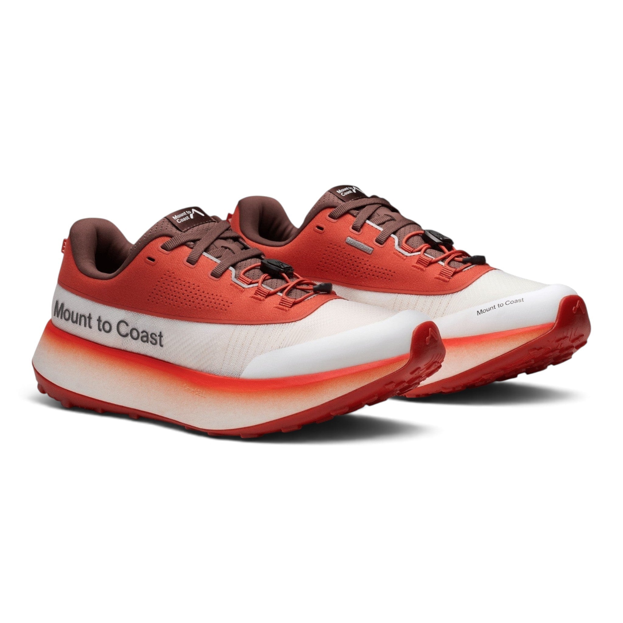 Endurance Edge Mount to Coast H1 road-to-trail running shoe in orange and white with a high-performance midsole.