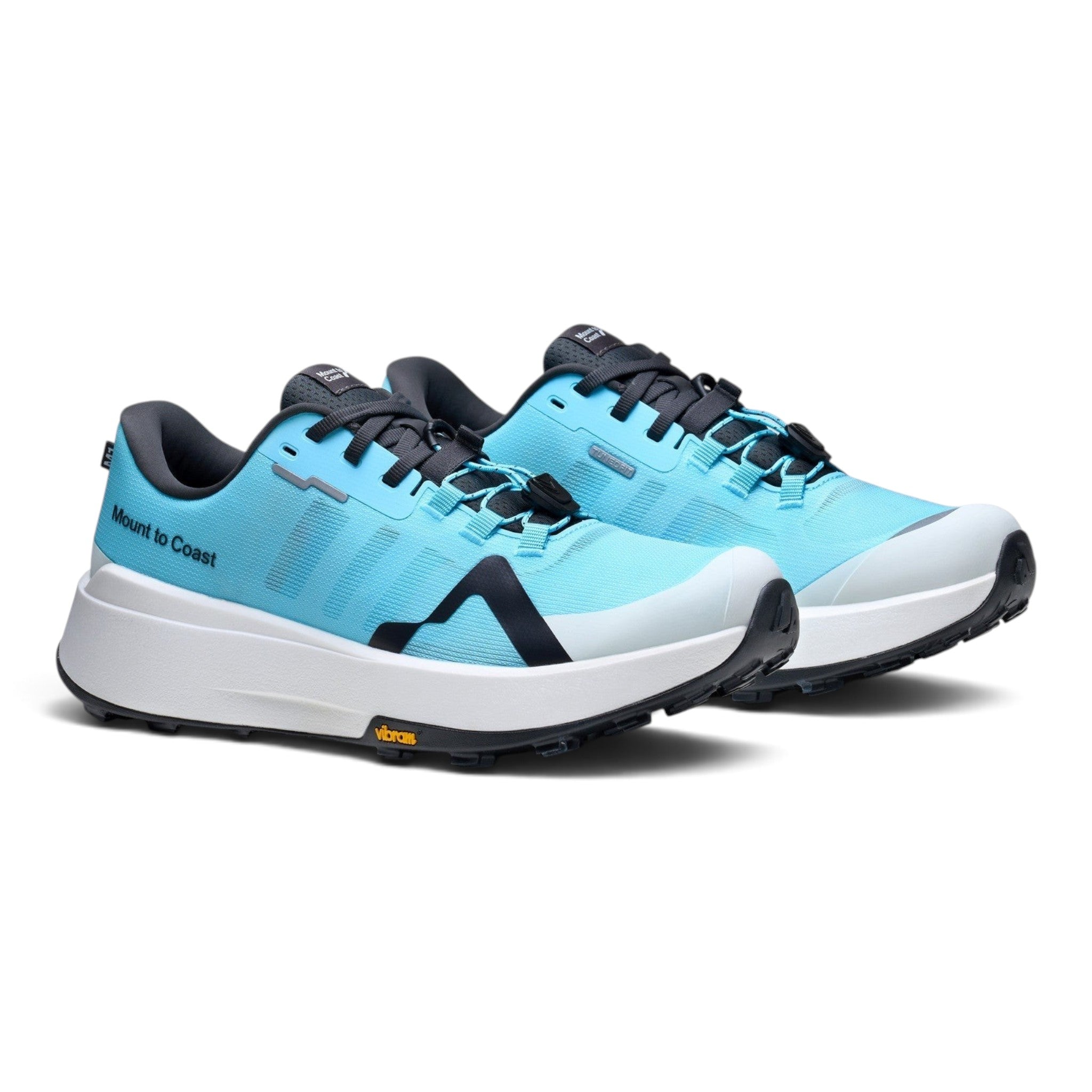 Endurance Edge Mount to Coast M1 men's trail running shoe in bright blue with a white JETCELL midsole and Vibram sole