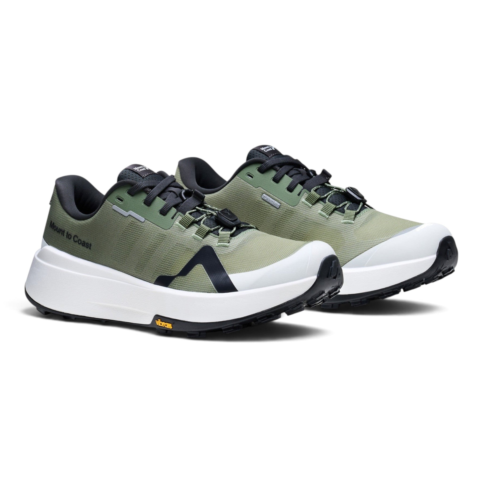 Endurance Edge Mount to Coast M1 olive green trail running shoe with white JETCELL midsole and Vibram outsole