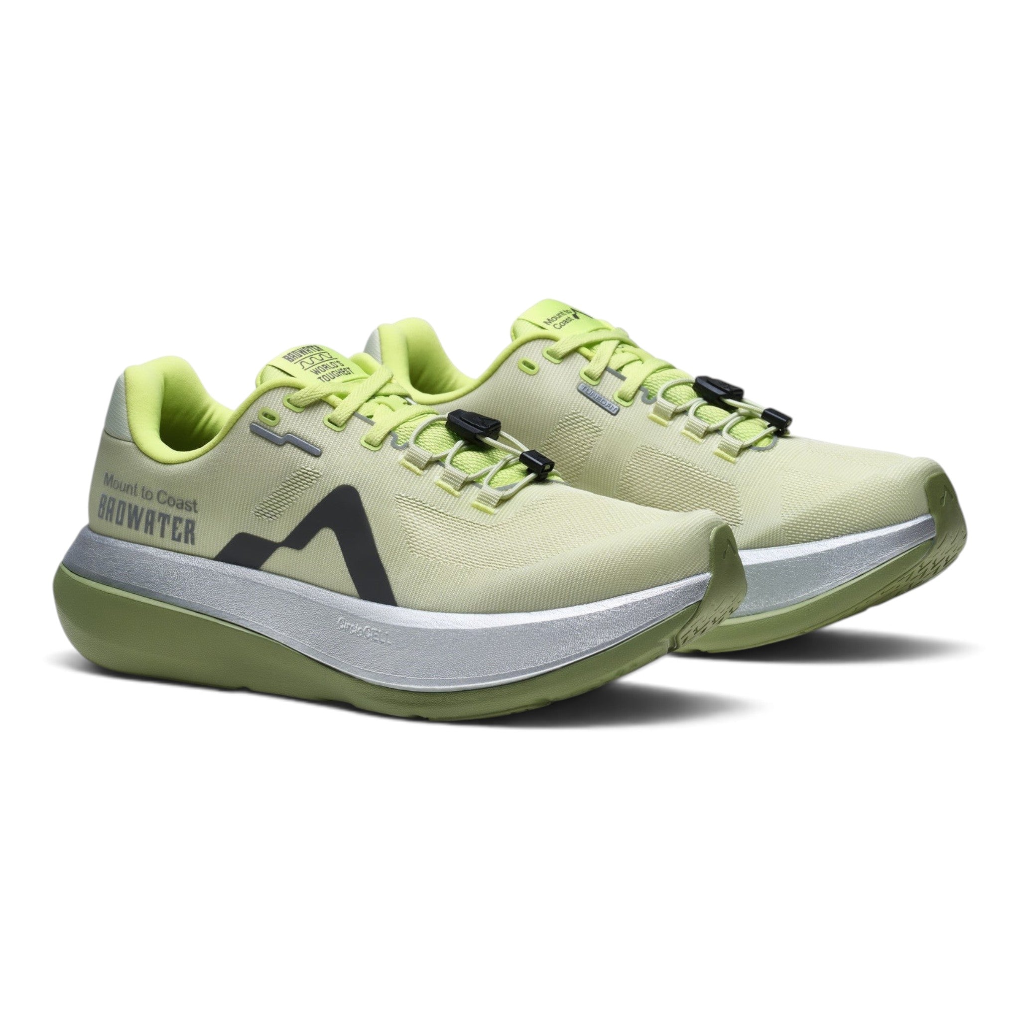 Endurance Edge Mount to Coast C135 mens running shoe in lime green with a thick white midsole and dual lacing system.
