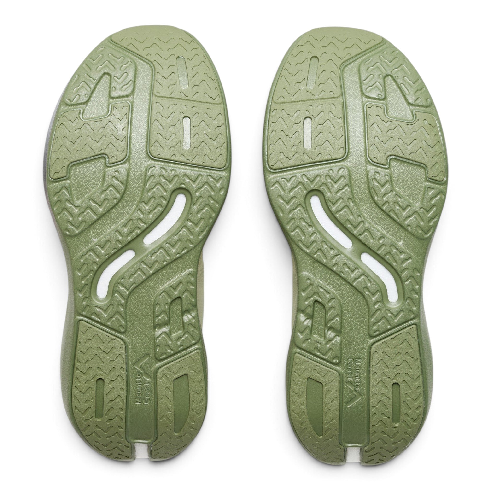 Endurance Edge Mount to Coast C135 mens running shoes showing the olive green textured rubber outsoles