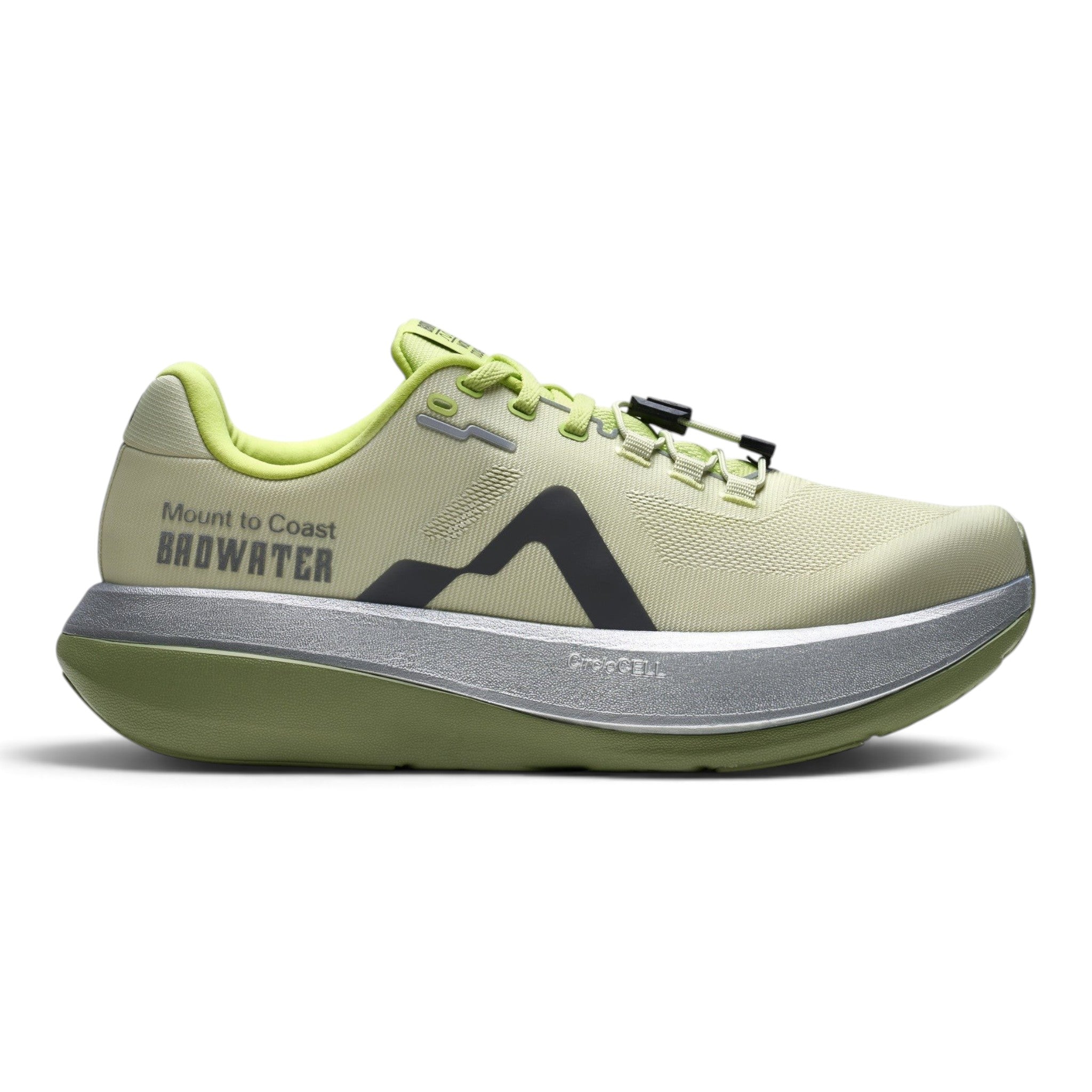 Endurance Edge Mount to Coast C135 women's running shoe in light green with a thick metallic silver midsole.