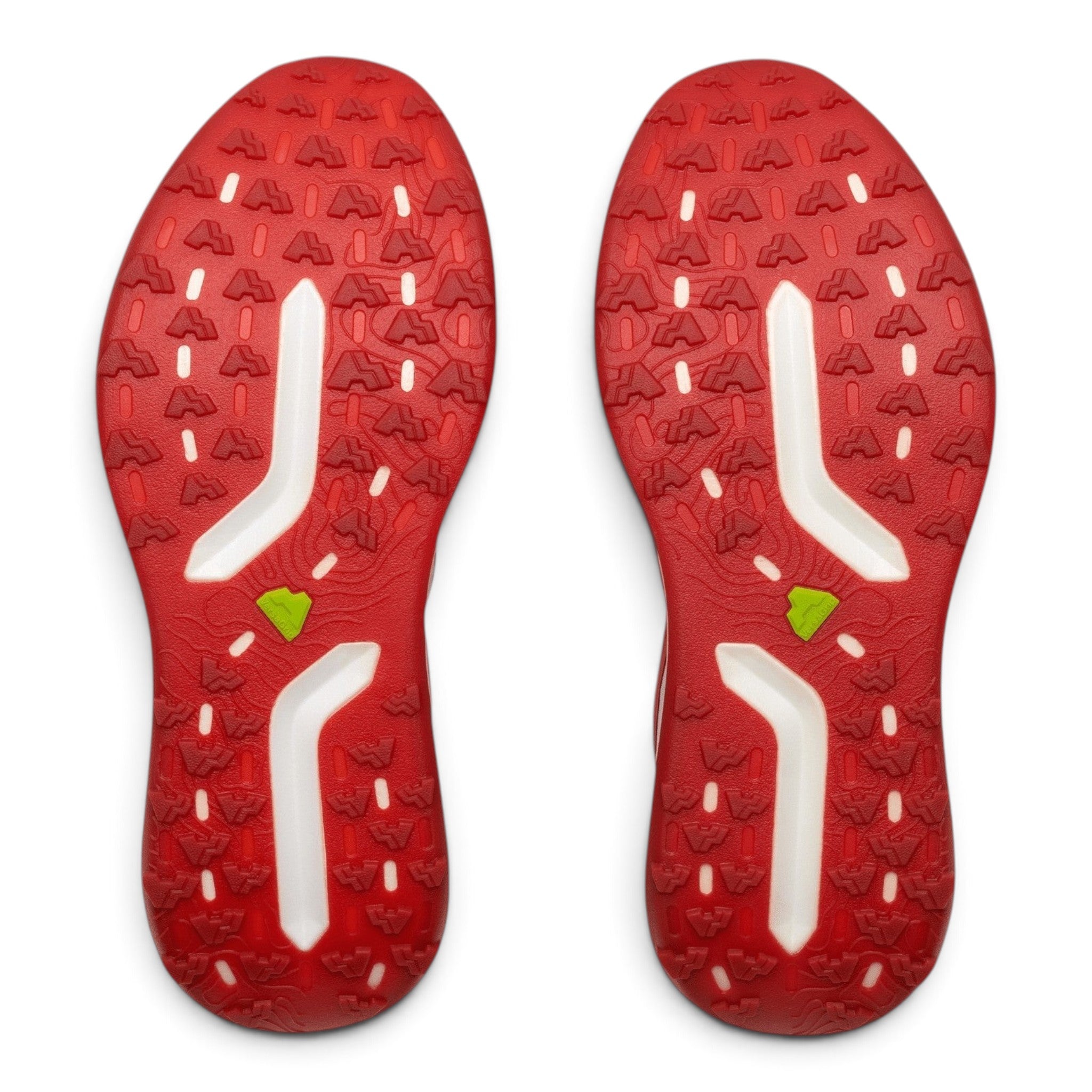 Endurance Edge H1 road-to-trail running shoe outsoles in red with white VersaGrip traction patterns