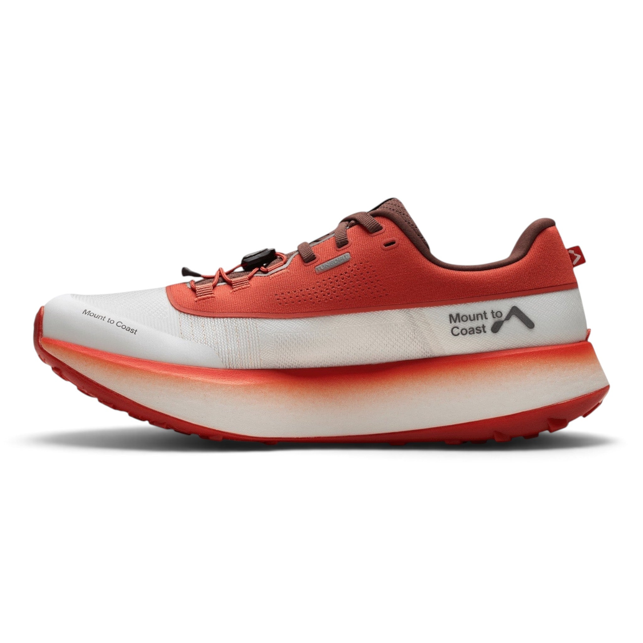 Endurance Edge Mount to Coast H1 road-to-trail running shoe in white and orange with a thick performance midsole.