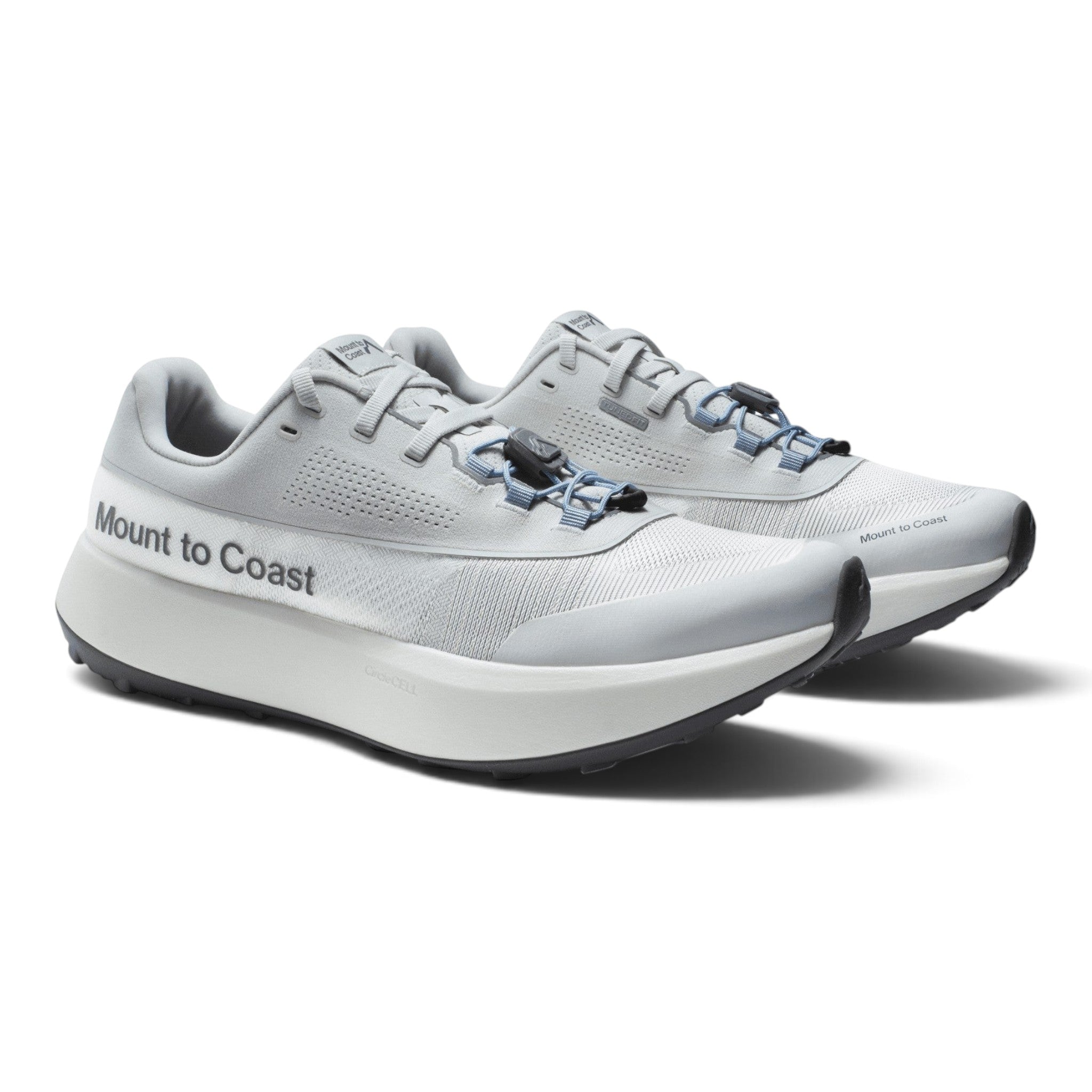 Endurance Edge Mount to Coast H1 womens road-to-trail running shoe in light grey with CircleCELL midsole and lacing.