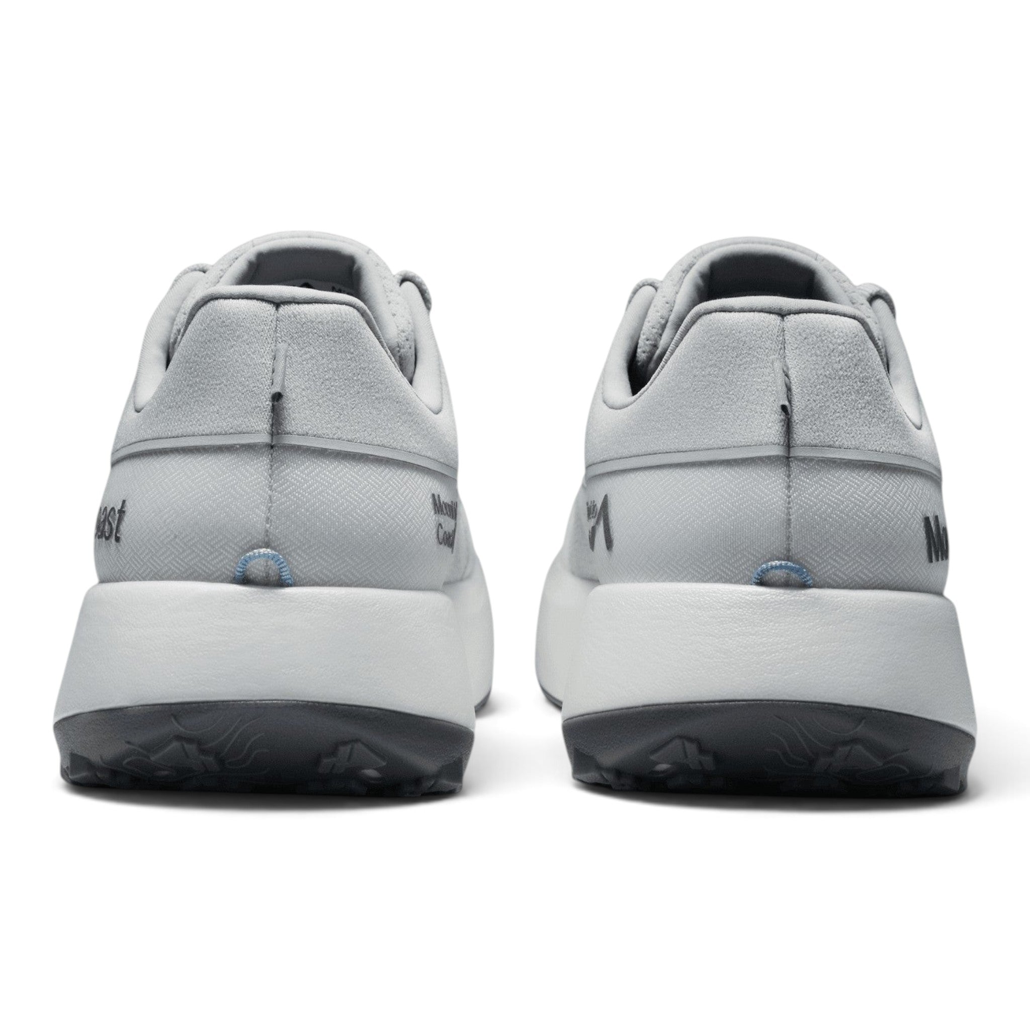 Endurance Edge Mount to Coast H1 women's grey road-to-trail running shoes, rear view showing the durable outsole.