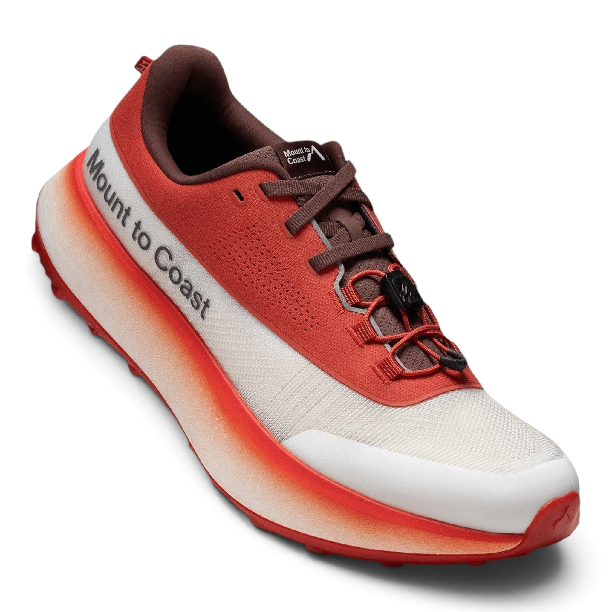 Endurance Edge Mount to Coast H1 womens road-to-trail running shoe in red and white with a sustainable midsole