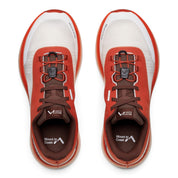 Endurance Edge Mount to Coast H1 women's road-to-trail running shoes in white and orange with dual lacing system.