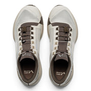 Endurance Edge T1 men's trail running shoes in beige and brown, featuring a woven upper, dual lacing system, and Vibram outsole.