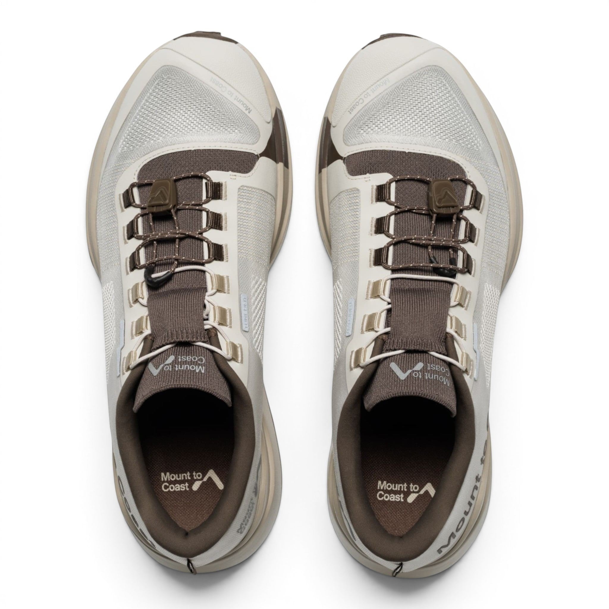 Endurance Edge T1 men's trail running shoes in beige and brown, featuring a woven upper, dual lacing system, and Vibram outsole.