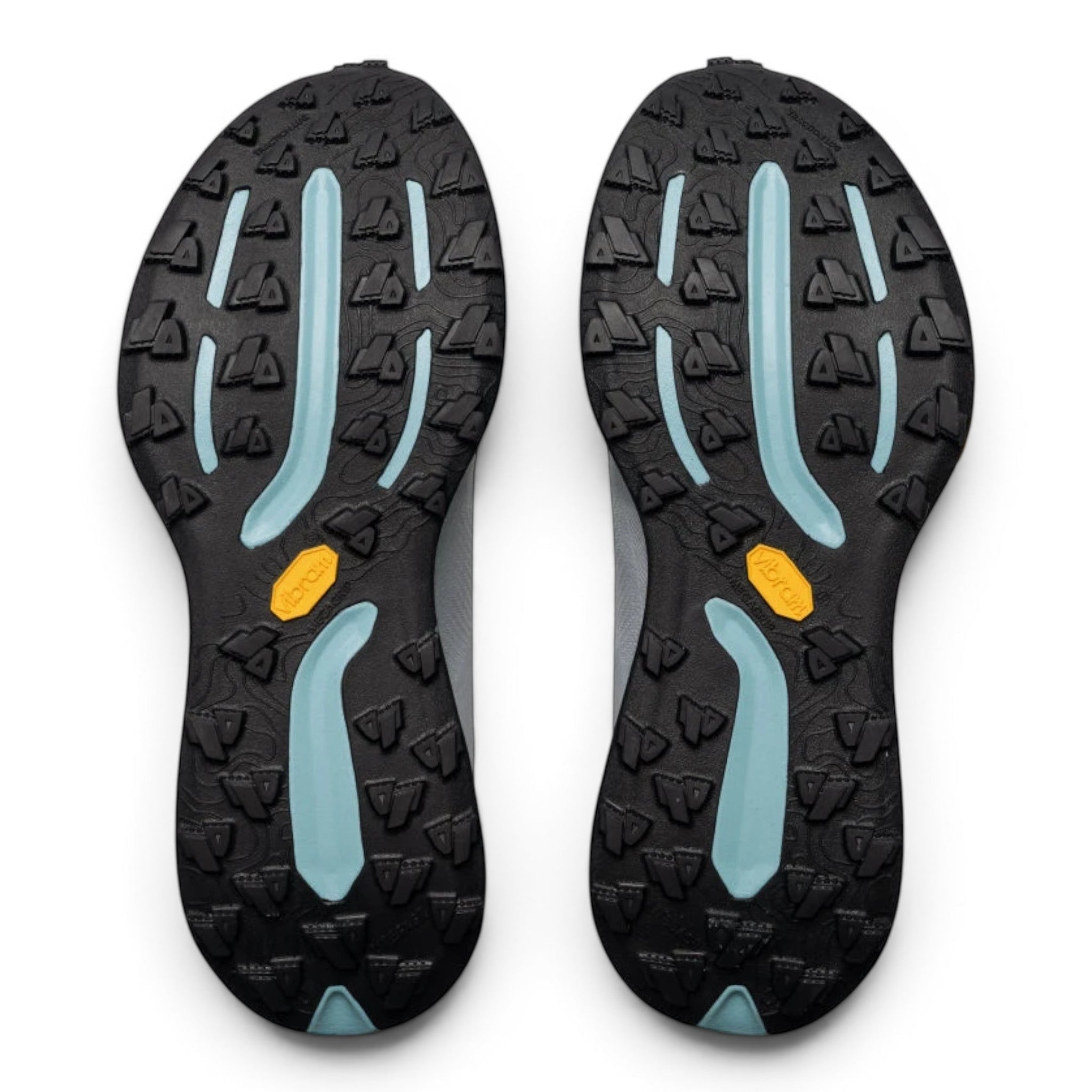 Endurance Edge T1 men's trail running shoes with black Vibram Megagrip outsole and light blue accents.