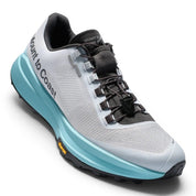 Endurance Edge T1 men's light grey trail running shoes with blue midsole and black laces. Features Kevlar upper and Vibram outsole.
