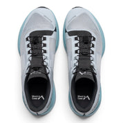 Endurance Edge T1 men's light grey woven fabric trail running shoes with blue soles and black laces.