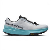 Endurance Edge T1 men's light grey trail running shoes with a bright blue midsole and black Vibram outsole.