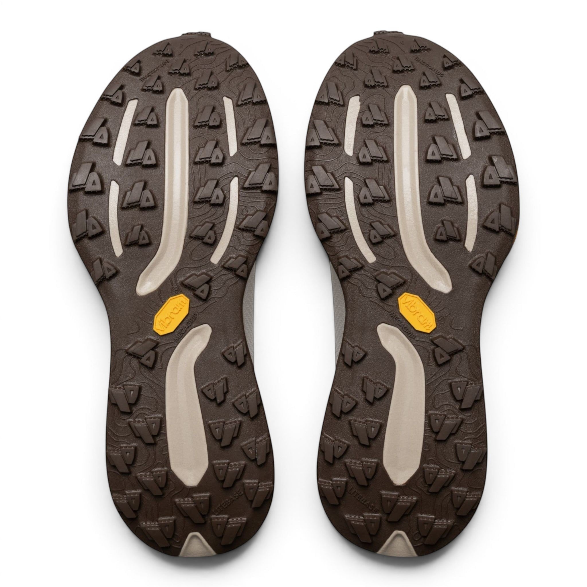 Endurance Edge T1 men's trail running shoes with Vibram Megagrip outsole and Litebase. Beige and brown.