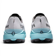 Endurance Edge T1 men's trail running shoes in white with light blue midsoles and black outsoles. Features woven upper.