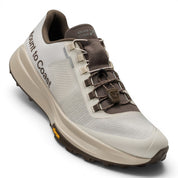 Endurance Edge T1 men's trail running shoes in white and brown with a woven upper and Vibram outsole.