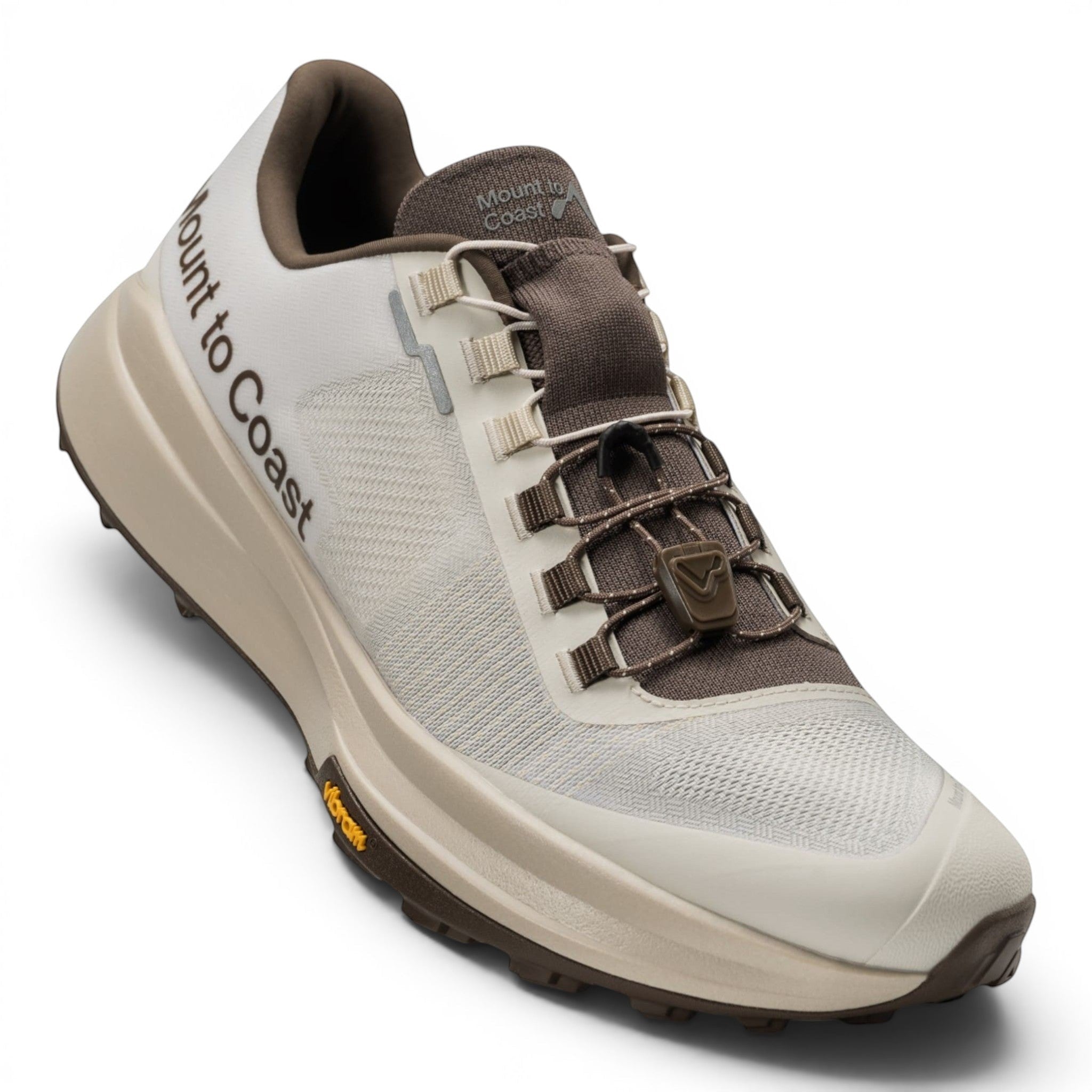 Endurance Edge T1 men's trail running shoes in white and brown with a woven upper and Vibram outsole.