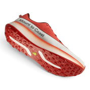 Endurance Edge Mount to Coast H1 womens road-to-trail running shoe in red and white with a rugged VersaGrip outsole.